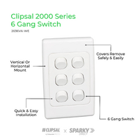 Clipsal 2036VA | 6 Gang Switch 10Amp 250v White (2000 Series)