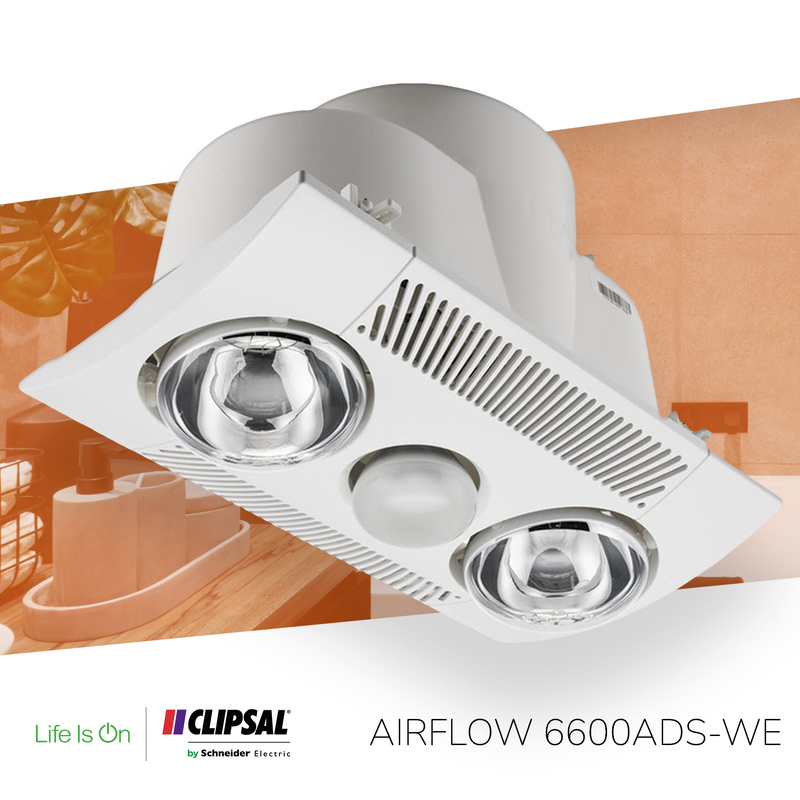Clipsal AIRFLOW 6600ADS-WE | 3 In 1 Bathroom Heater Lamp Light & Exhaust Fan & 2 Heat, White