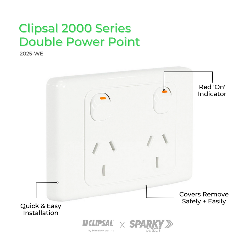 Clipsal 2025WE Double power point GPO 10Amp White (2000 Series)