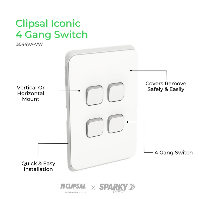 Clipsal Iconic 3044VAVW Switch 4 Gang 10Amp Vivid White Clipsal by Schneider Electric