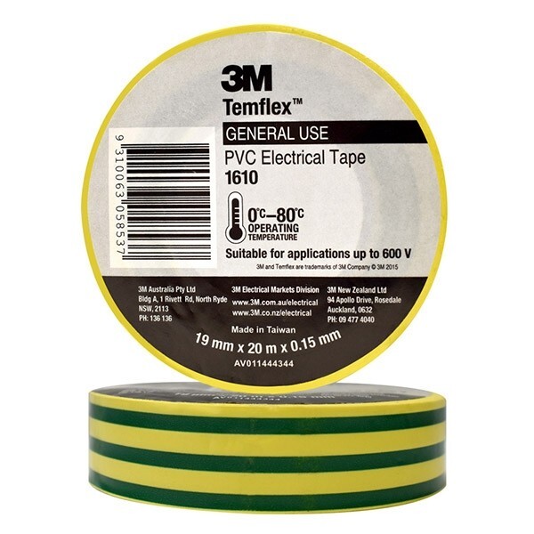 3M 3M1610YG Vinyl Electrical Insulation Tape Green/Yellow 19mm x 0