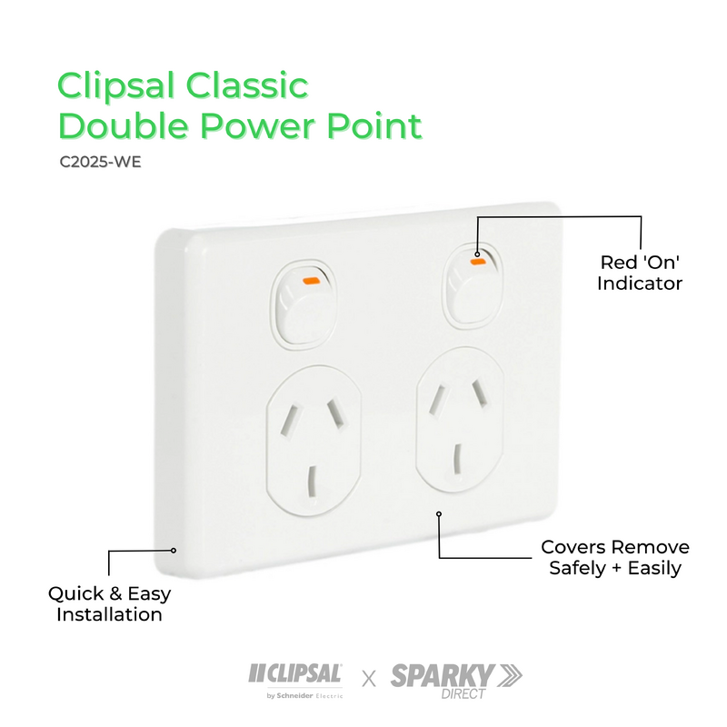 Buy Clipsal C2025 Double power point GPO 10Amp 250v White (Classic Series) C2025WE