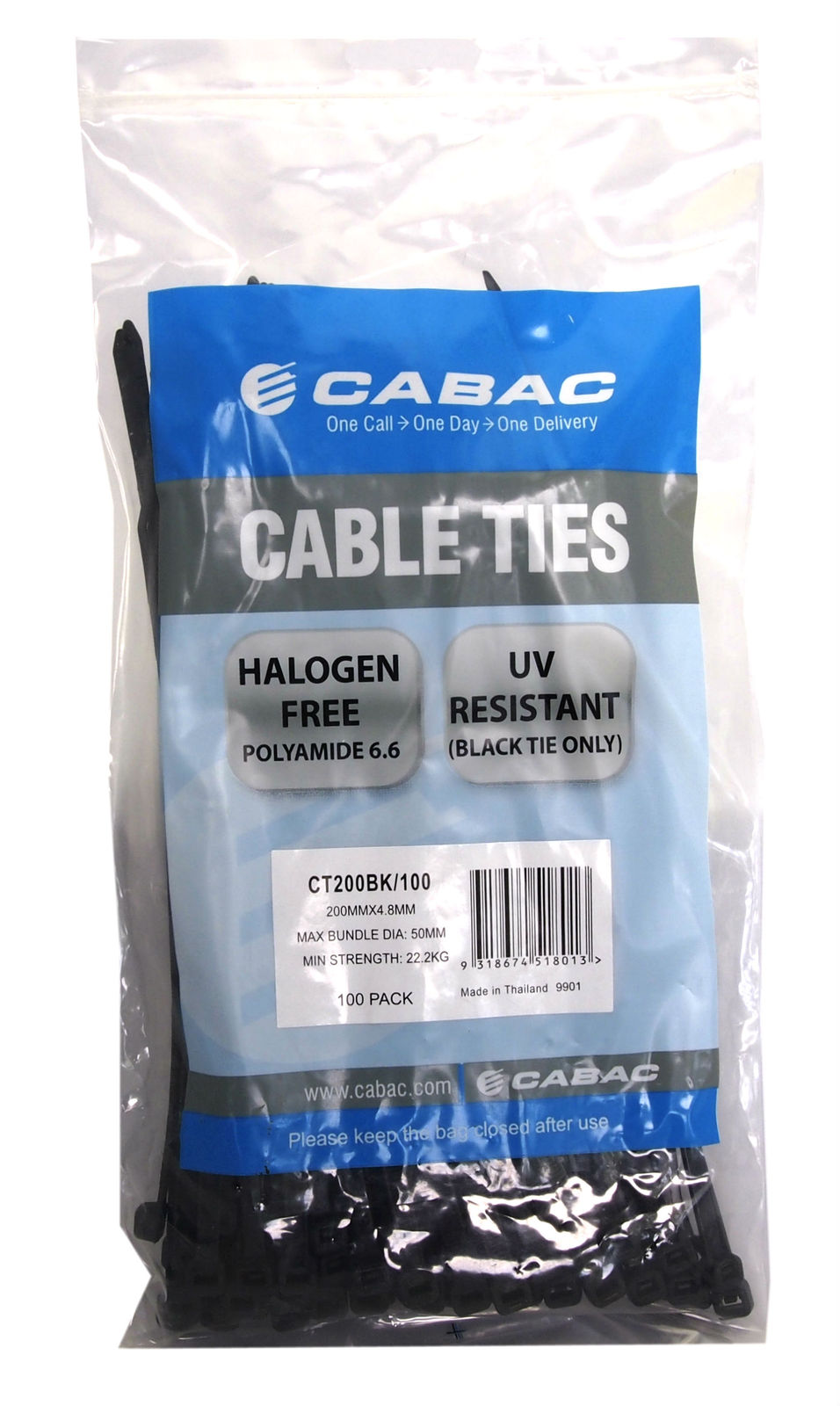 CABAC CT200BK100 Cable Ties 200mm x 4.8mm UV Resistant Black (100) Pack