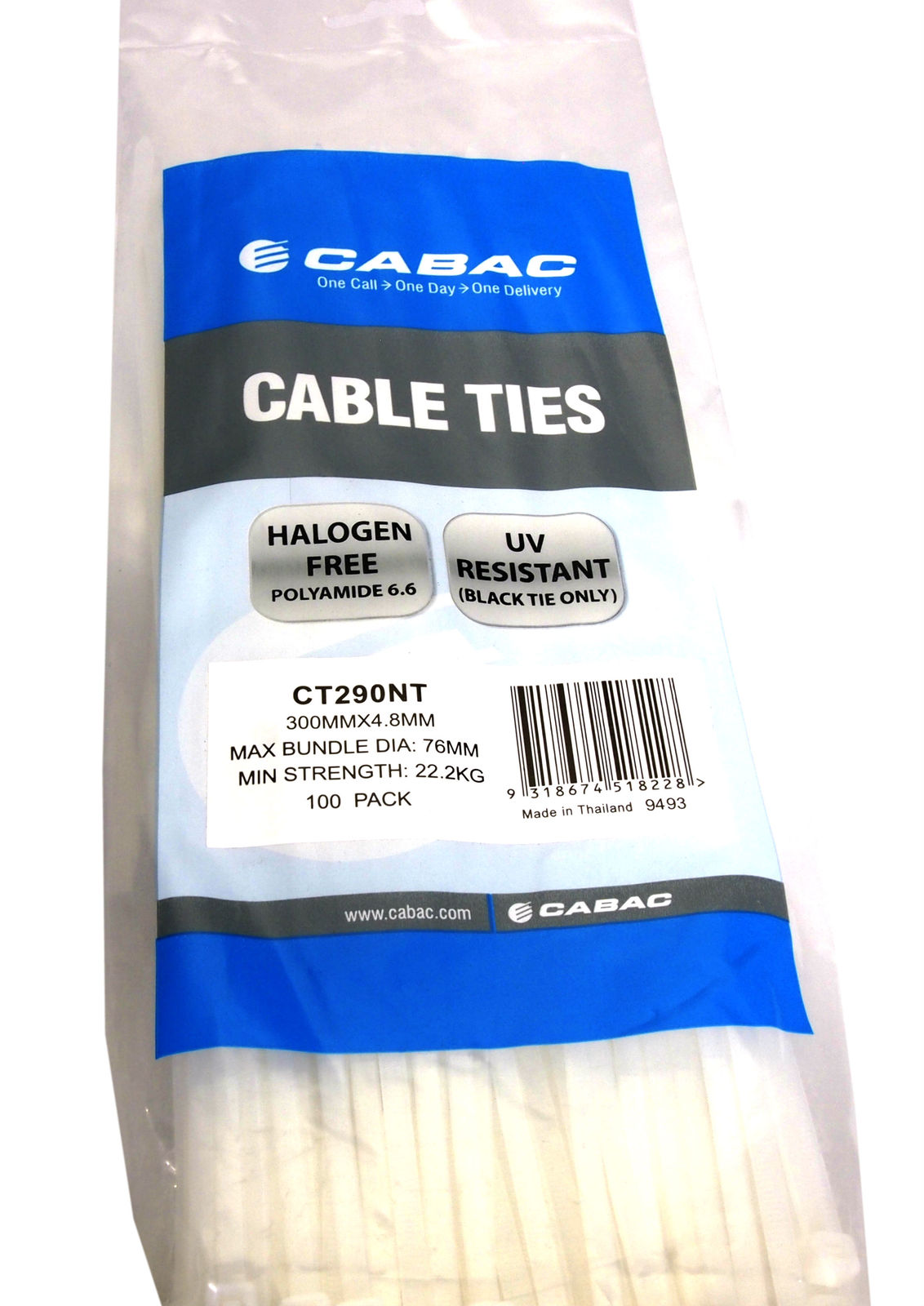 Cabac Cable Ties CT290NT | 300mm x 4.8 mm Natural Nylon White (100) Pack main image
