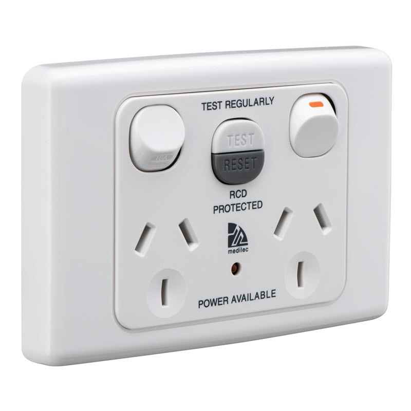 Clipsal ML2025RC10WE MEDILEC RCD Protected Twin Switch Socket Outlet, 10mA RCD White