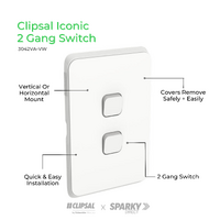 Clipsal Iconic 3042VA-VW | Switch 2 Gang 10Amp | Vivid White