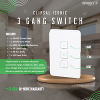Clipsal Iconic 3043VA-Heat-Fan-Light | 3 Gang complete switch 10Amp with Heat|Fan|Light Dolly (3 GANG)