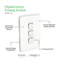 Clipsal Iconic 3043VA-VW | Switch 3 Gang 10Amp | Vivid White