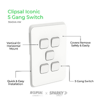 Clipsal Iconic 3045VA-VW | Switch 5 Gang 10Amp | Vivid White