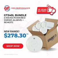 GT Smoke Alarms GT240L-5Bundle | 5 Mains Powered Smoke Alarms + Remote | 10 Year Backup