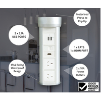 Point Pod PPMBT | Boardroom Pop-Up Power Outlet | 2 Power Points, 2 USB, HDMI, Data | Silver/ White