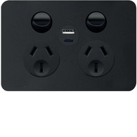 Hager Allure WBHP2SUSBAC-MB | 10Amp Double Internal Powerpoint With USB A+C Charger | Matte Black Product main image