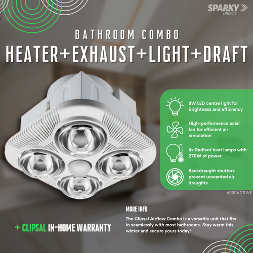 Combo Fan Light Heat Draft 200mm 8w Led, Bathroom Fan Light Combo
