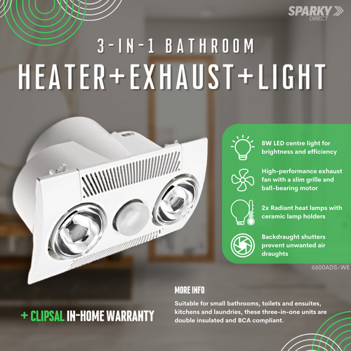 AIRFLOW 6000ADS-WE | 3 In 1 Bathroom Heater Lamp Light & Exhaust Fan & 2 Heat With Inbuilt Draftstopper | White main image