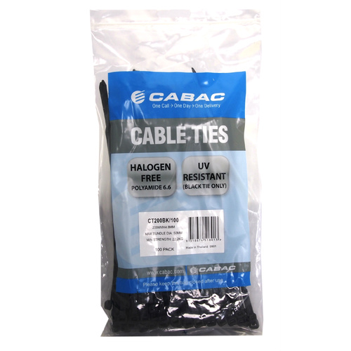 CABAC Cable Ties CT200BK-100 | 200mm x 4.8mm UV Resistant Black (100) Pack main image