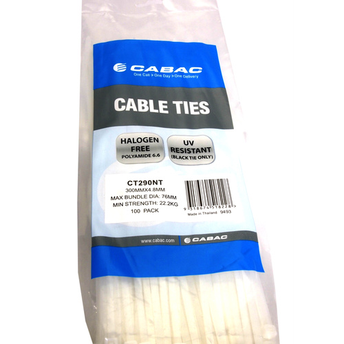 Cabac Cable Ties CT290NT | 300mm x 4.8 mm Natural Nylon White (100) Pack main image