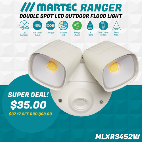 MLXR3452W | Ranger Double Spot LED Outdoor Flood Light | 2 x 12w Tricolour | White main image