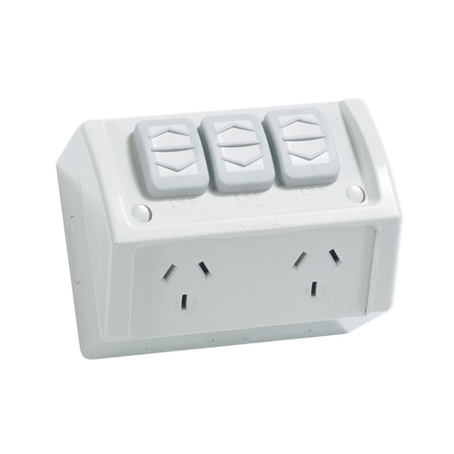 CLIPSAL WSC227-2X | Double Weatherproof Power Point 10amp c/w Extra Switch | Resistant Grey main image